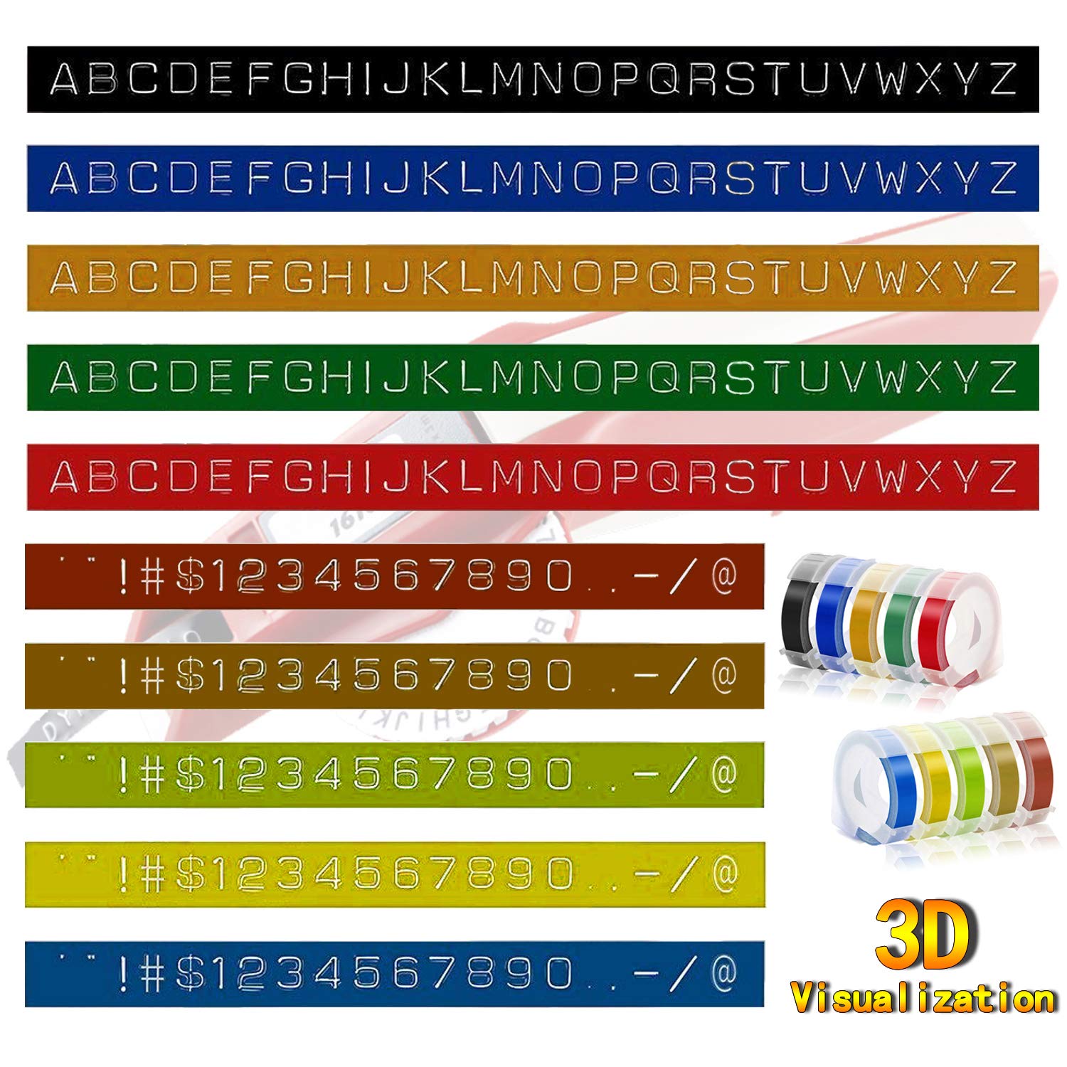 Embossing Tape Compatible with Dymo Embossing Label Maker, 3/8'' x 9.8' Colorful 3D Plastic Organizer Xpress Tape Compatible wit