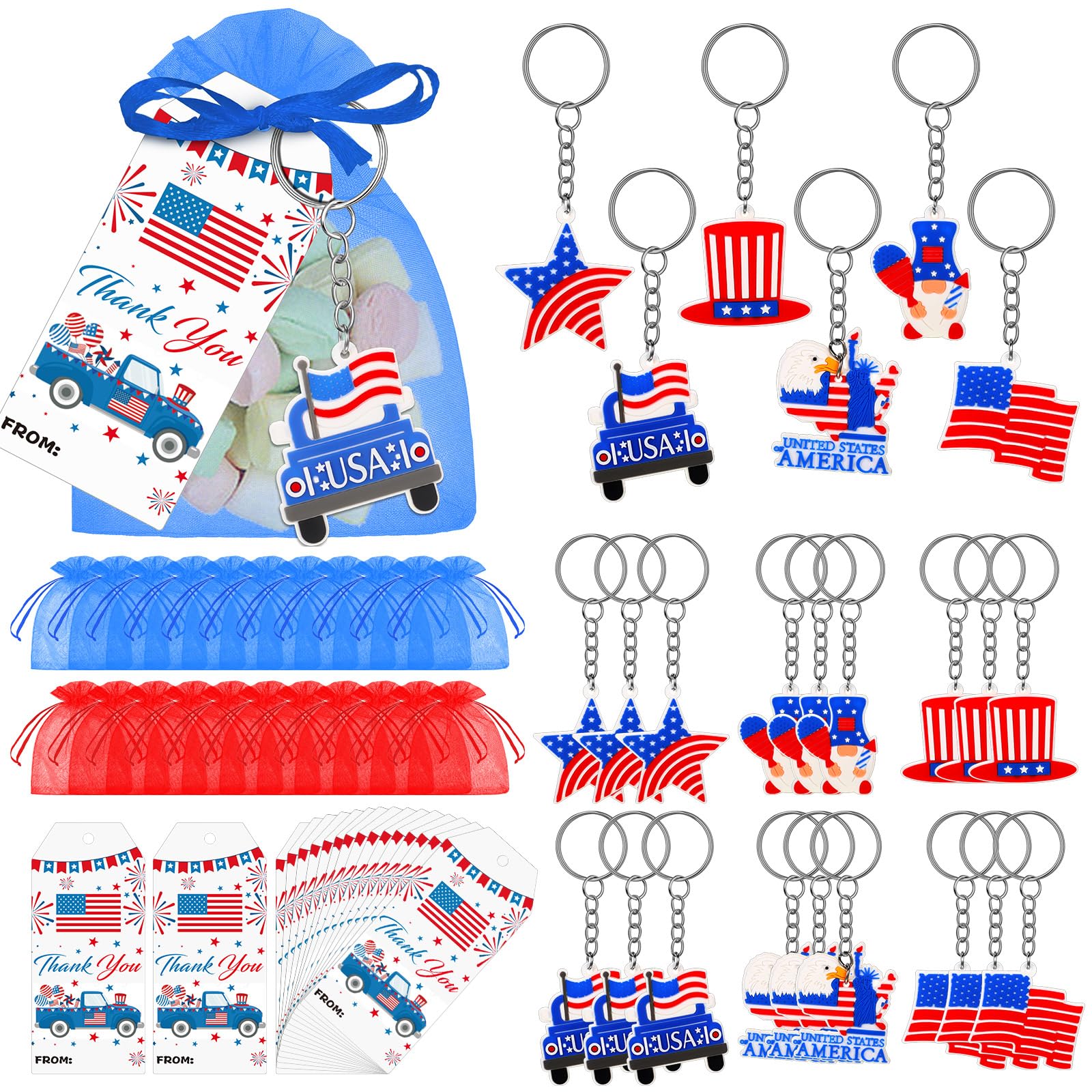 24 Set Independence Day Gifts for Boy 4th of July Keychain Gift Set with Gift Tags and USA Organza Bags for Woman Fourth of July