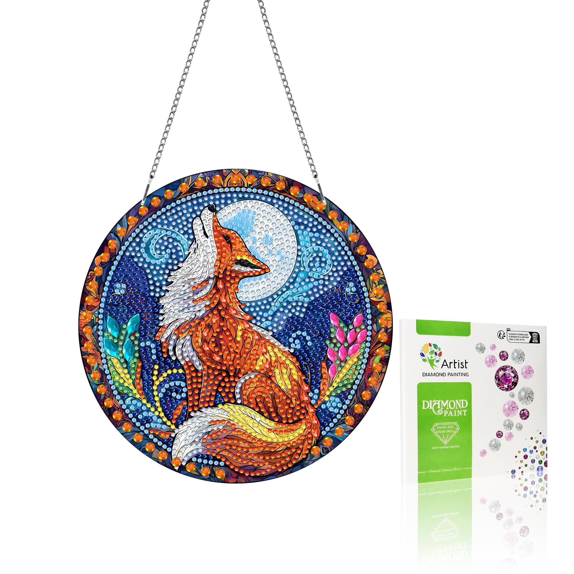 VAIIEYO Fox Diamond Painting Hanging, Animal Diamond Painting Suncatchers Double Side Window Hanging Kit with Chain, 7.5x7.5 inc