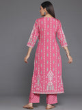 Libas Coral Printed Poly Crepe Straight Kurta With Trousers Coral L