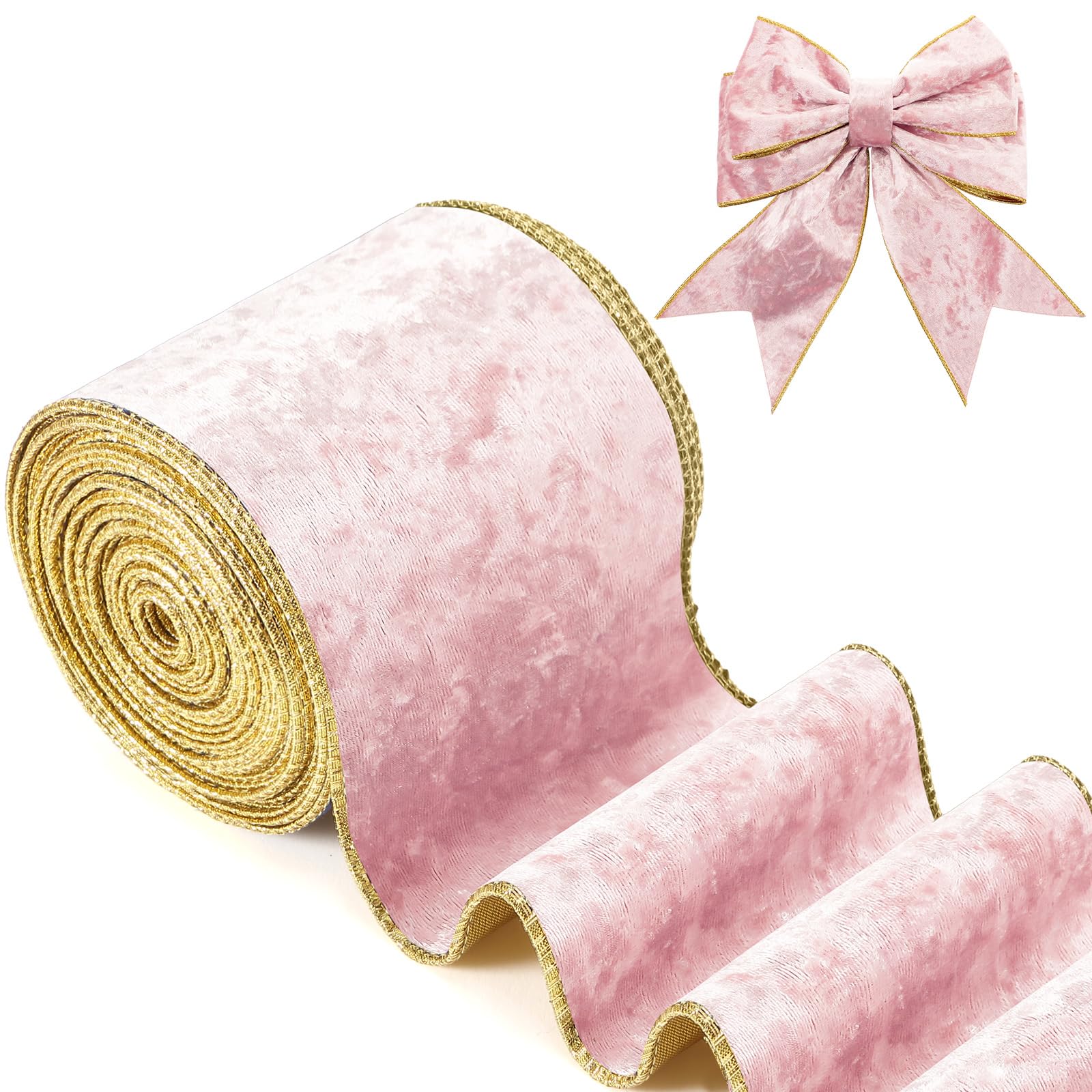 Riceshoot Christmas 4 Inch Velvet Ribbon 10 Yards Pink Wide Wired Velvet Ribbon with Gold Edge for Wrapping Bow Gift Box DIY