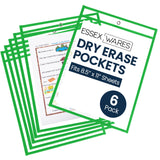 Essex Wares - 6 Pack, Neon Green, Water-Resistant Dry Erase Pocket Document Protectors, 10 Wide x 13.5 Tall - Dry Erase Clear Pl