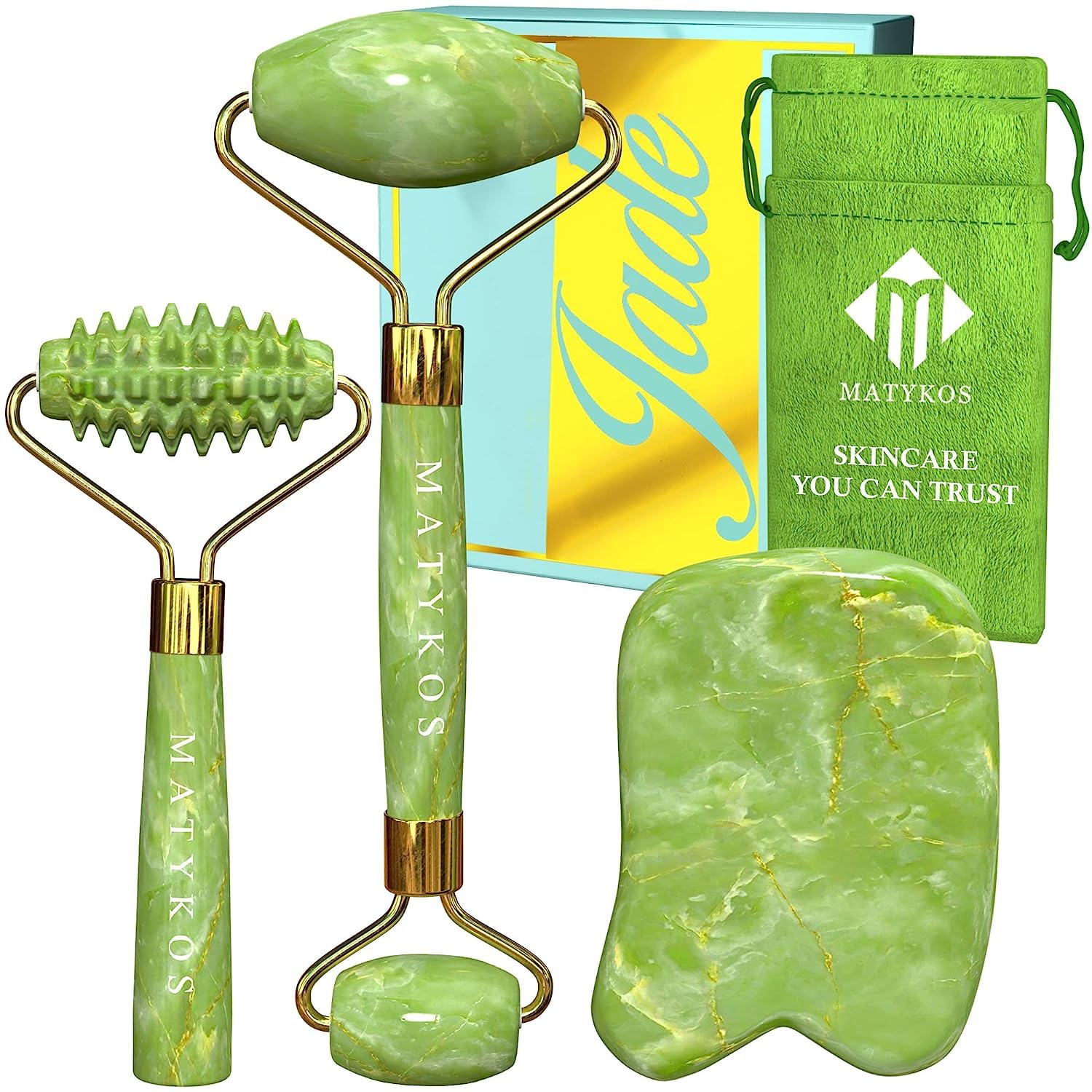 Jade Roller for Face and Gua Sha Set - 2 Anti-Aging Facial Rollers and Gua-Sha Facial Tool - Face and Body Massager for Your Ski