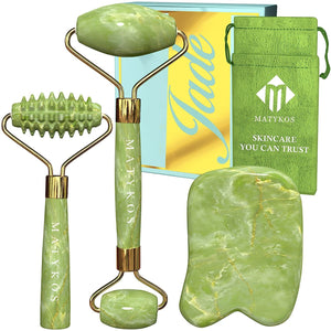 Jade Roller for Face and Gua Sha Set - 2 Anti-Aging Facial Rollers and Gua-Sha Facial Tool - Face and Body Massager for Your Ski