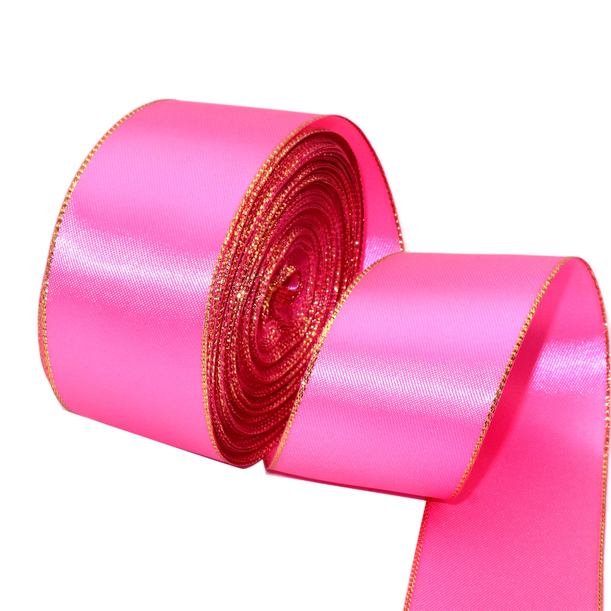 David accessories Hot Pink Satin Ribbon with Gold Edges 1.5 Inch Wide 20 Yards, Gold Border Fabric Ribbons for Gift Wrapping DIY