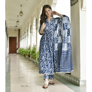 Gosriki Women'S Cotton Blend Anarkali Printed Kurta With Pant & Dupatta (Damini Blue-Gs_Xl_Blue_X-Large),Blue,,B0C541X3J7