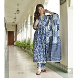 Gosriki Women'S Cotton Blend Anarkali Printed Kurta With Pant & Dupatta (Damini Blue-Gs_Xl_Blue_X-Large),Blue,,B0C541X3J7