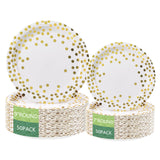Round Disposable Paper Plates for All Occasions Golden Dots Paper Plates - 100 Pack - 50 x 9 and 50 x 7, Foil Polka Dots Disposa