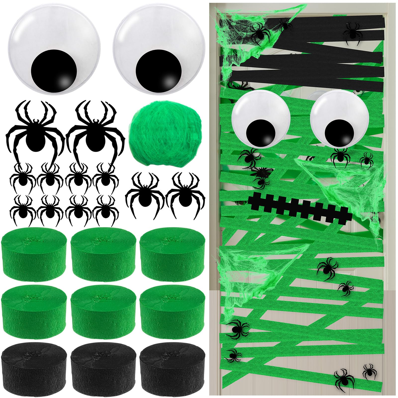 SATINIOR 24pcs Halloween Mummy Door Cover Decorations with Giant Wiggle Eyes 3D Spider Stickers Black and Green Crpe paper Strea