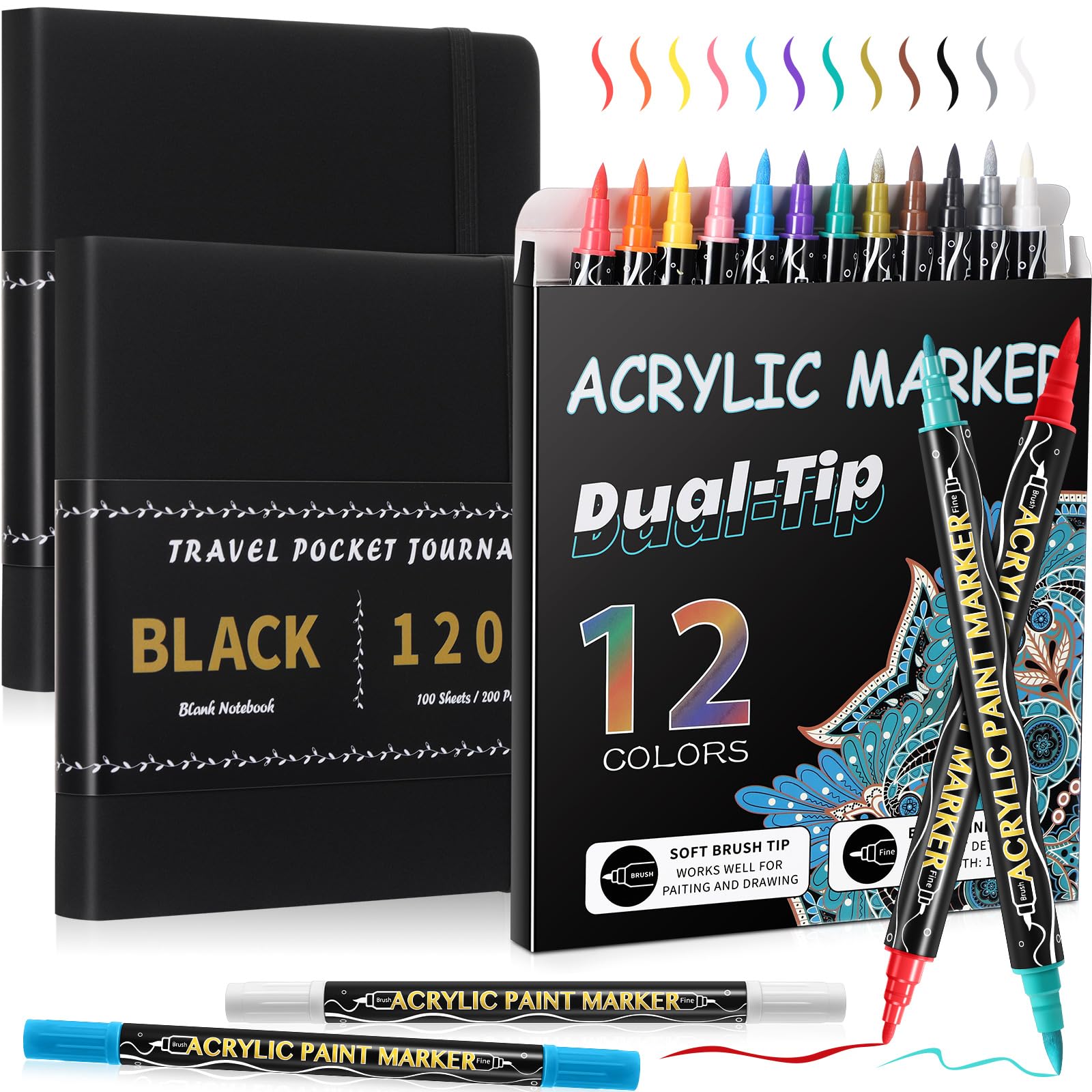 Thenshop 2 Pcs/200 Sheets Black Paper Sketchbook with 12 Metallic Marker Pens Set 5.5 x 5.5 in Black Writing Page Journal Notebo