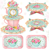 Zopeal 5 Pcs Floral Tea Cupcake Stand Party Decorations 3 Tier Teas Cupcake Holder 2 Tea Birthday Cake Holder 2 Flower Teapot Ca