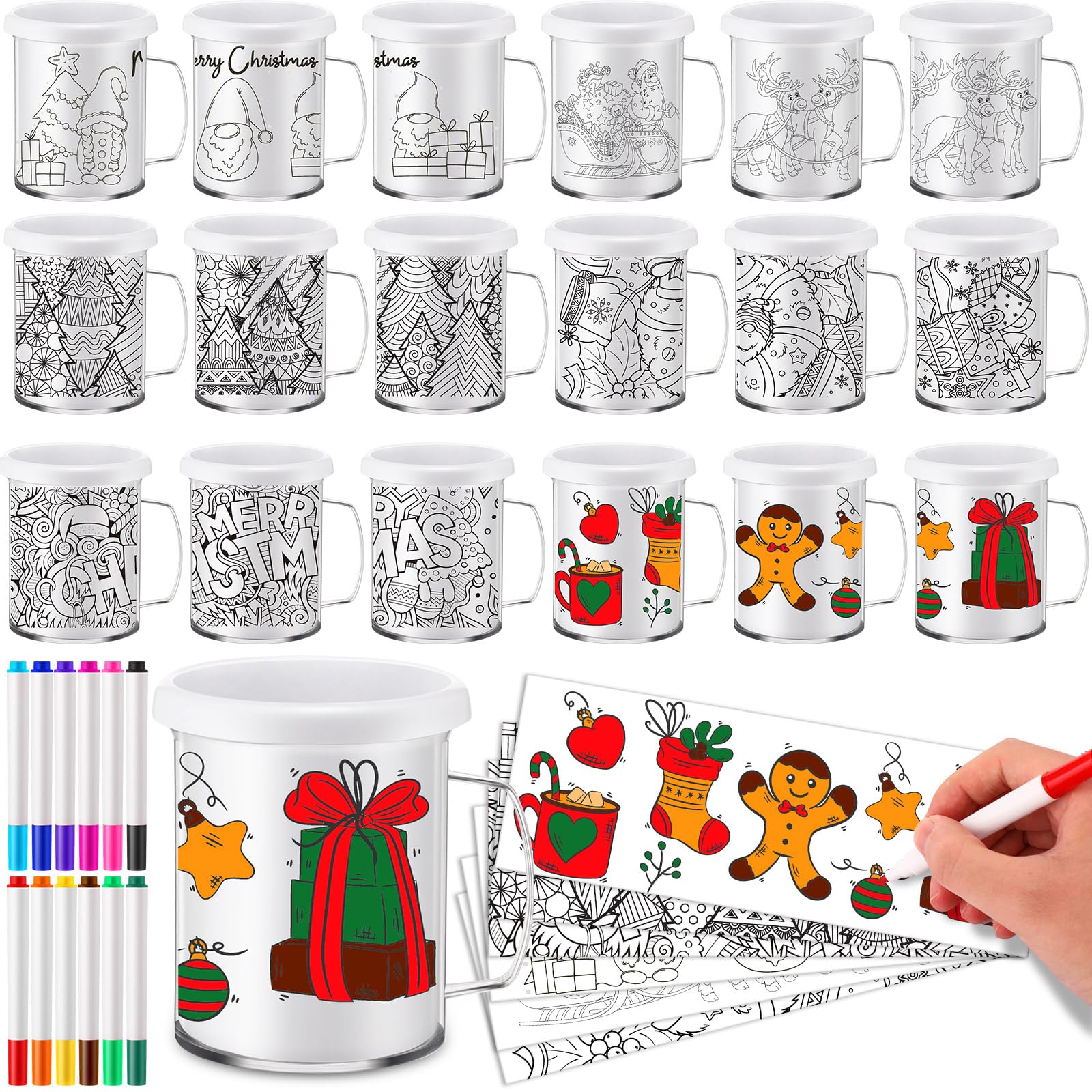 Umigy 16 Set Color Your Own Mugs for Kids 10 oz Party DIY Coffee Mug Craft for Kids with 12 Color Markers, Animated Design Paper