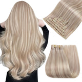 Easyouth Clip in Human Hair Extensions Highlight Remy Human Hair Extensions Clip ins Warm Ash Blonde Highlights Bleach Blonde Cl
