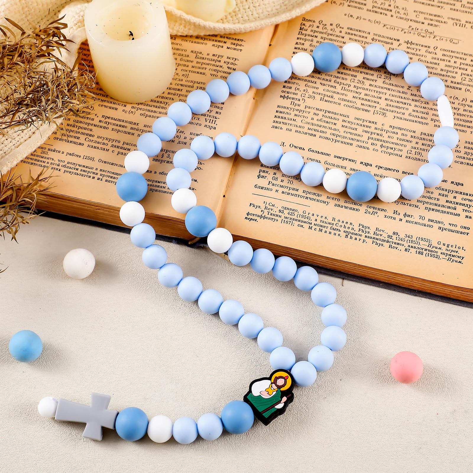 Kigeli Cross Baptism Silicone Rosary God Bless First Rosary Catholic Cross Necklace Baby Shower Baptism Party Supply for Baby Sh