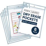 Essex Wares - 6 Pack, Light Gray, Water-Resistant Dry Erase Pocket Document Protectors, 10 Wide x 13.5 Tall - Dry Erase Clear Pl