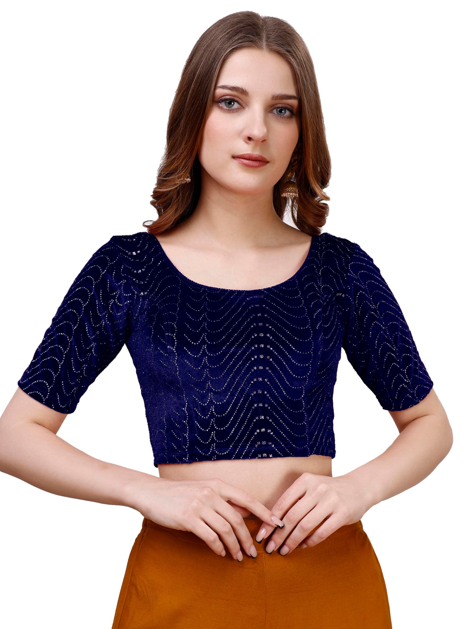 Vihu Fashion Women's Readymade Hosiery Velvet Lycra Stretchable Round Neck Half Sleeve Blouse with jari Work Fancy Navy Blue Col