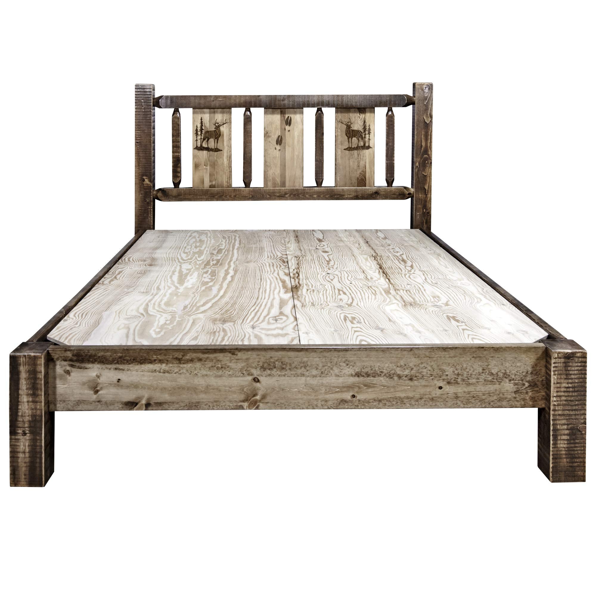 Montana Woodworks Homestead Collection Queen Platform Bed With Laser Engraved Elk Design, Stain & Clear Lacquer Finish