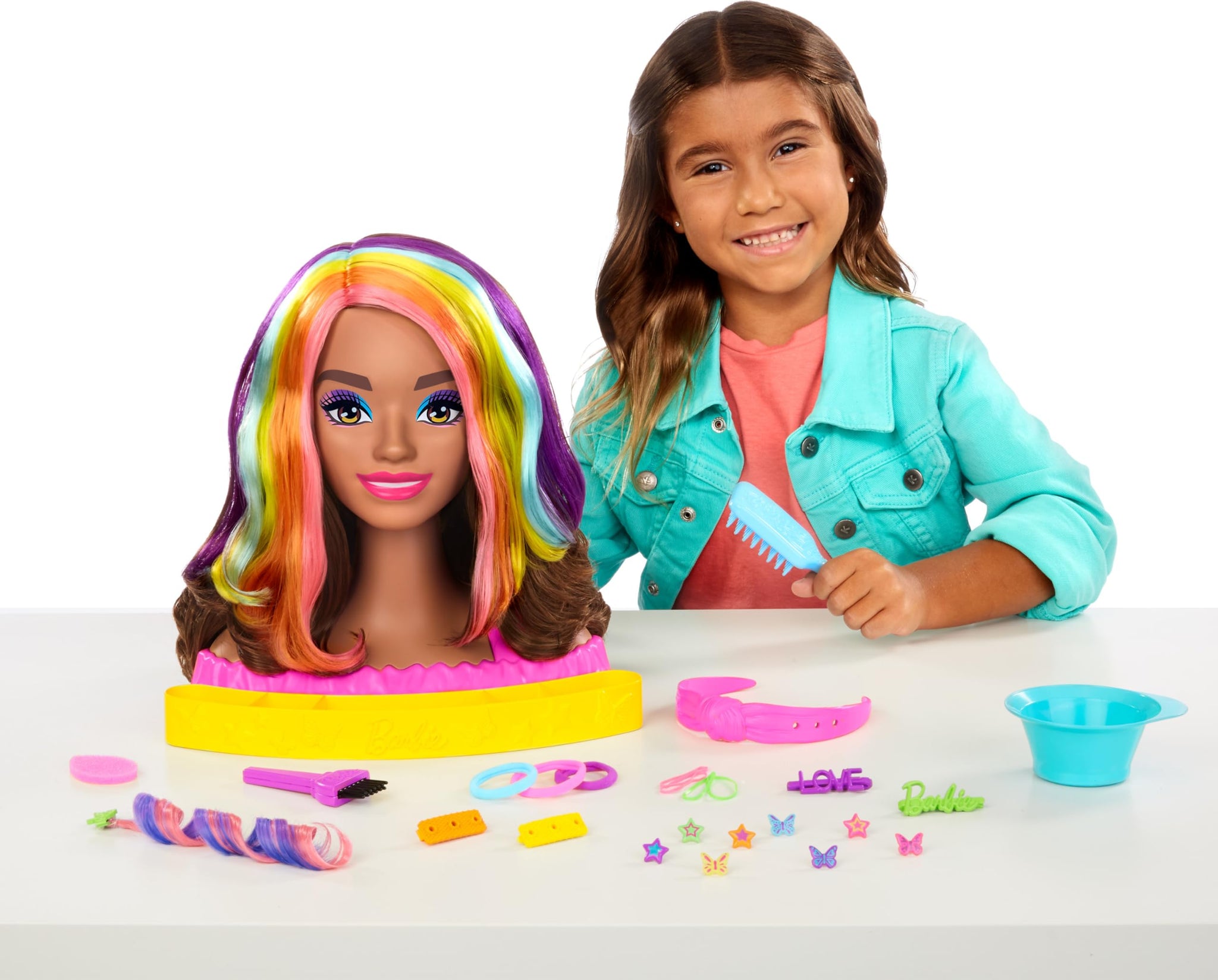 Barbie Totally Hair Styling Doll Head & 20+ Accessories, Color Reveal & Color-Change Pieces, Wavy Brown Neon Rainbow Hair