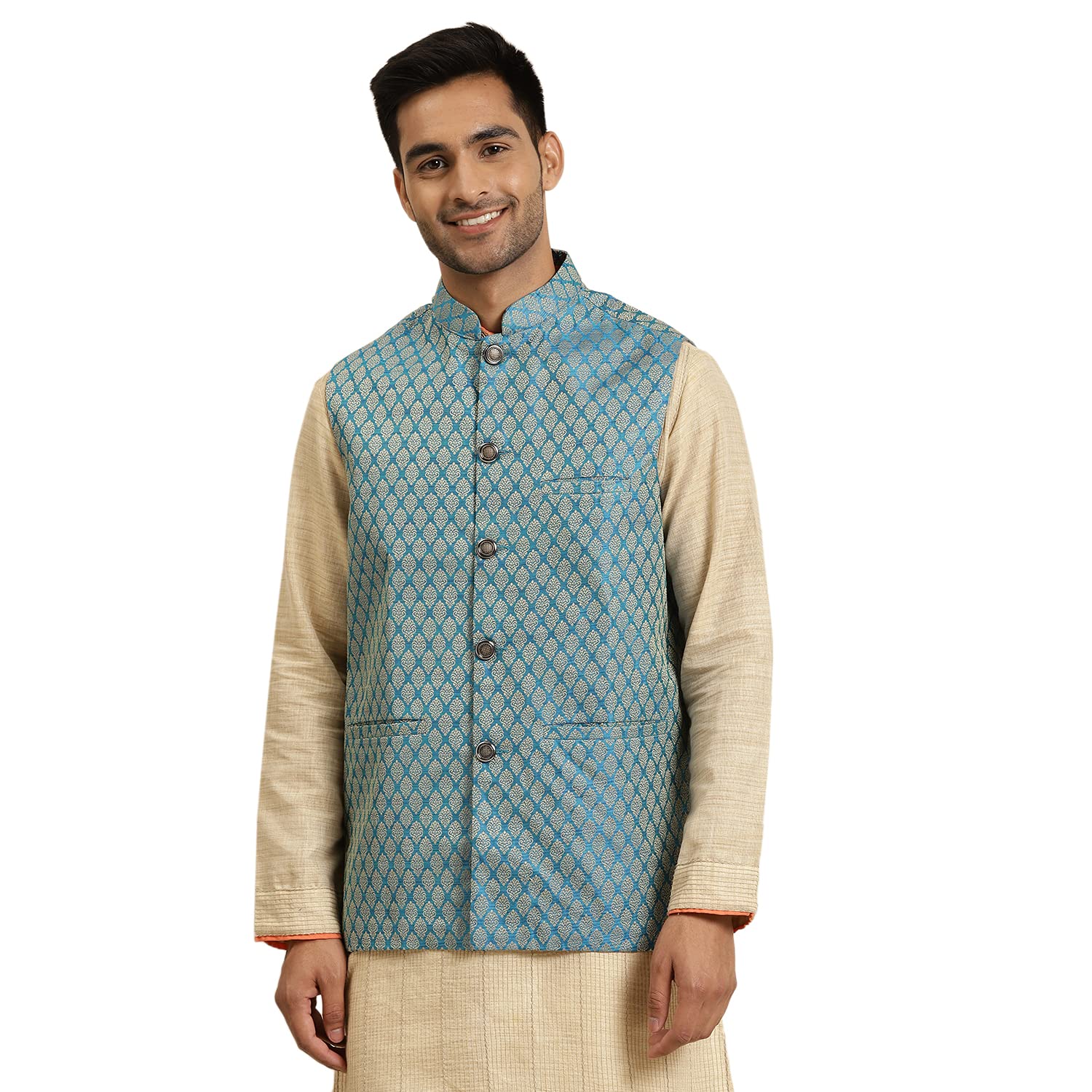Sojanya (Since 1958, Men'S Jacquard Silk Peacock Blue Self Design Only Nehrujacket, Size: 42