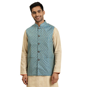 Sojanya (Since 1958, Men'S Jacquard Silk Peacock Blue Self Design Only Nehrujacket, Size: 42