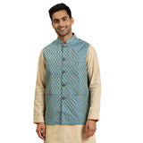 Sojanya (Since 1958, Men'S Jacquard Silk Peacock Blue Self Design Only Nehrujacket, Size: 42