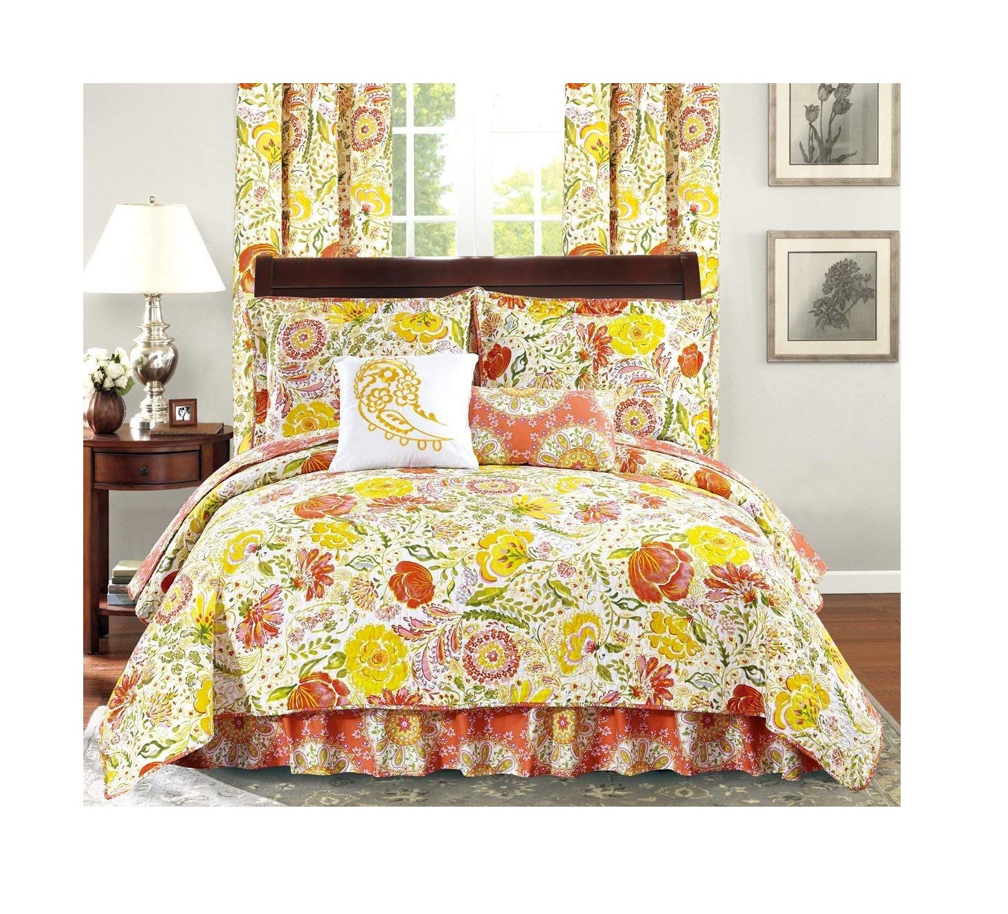 All American Collection New 6Pc Flower Printed Reversible Bedspread Set With Dust Ruffle (Cal King Size, Orange/Yellow)