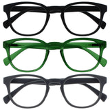 OPULIZE POP Reading Glasses for Women Men,Scratch Resistant Round Matt Frame with Spring Hinges, Black, Green, Grey +3.50 (Pack 
