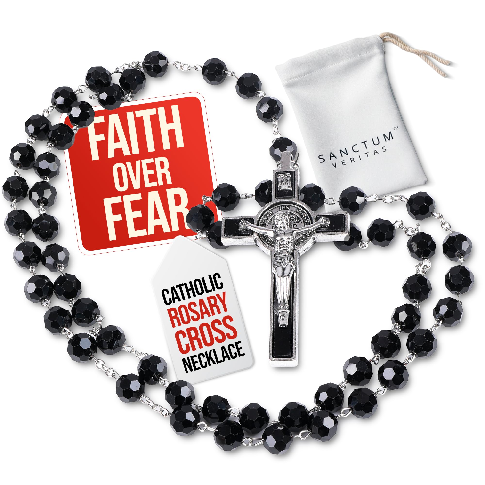 SANCTUM VERITAS Italian Rosary with Pope Leo XIV Apostolic Blessing - Large Beads Catholic Necklace for Car Mirror, First Commun
