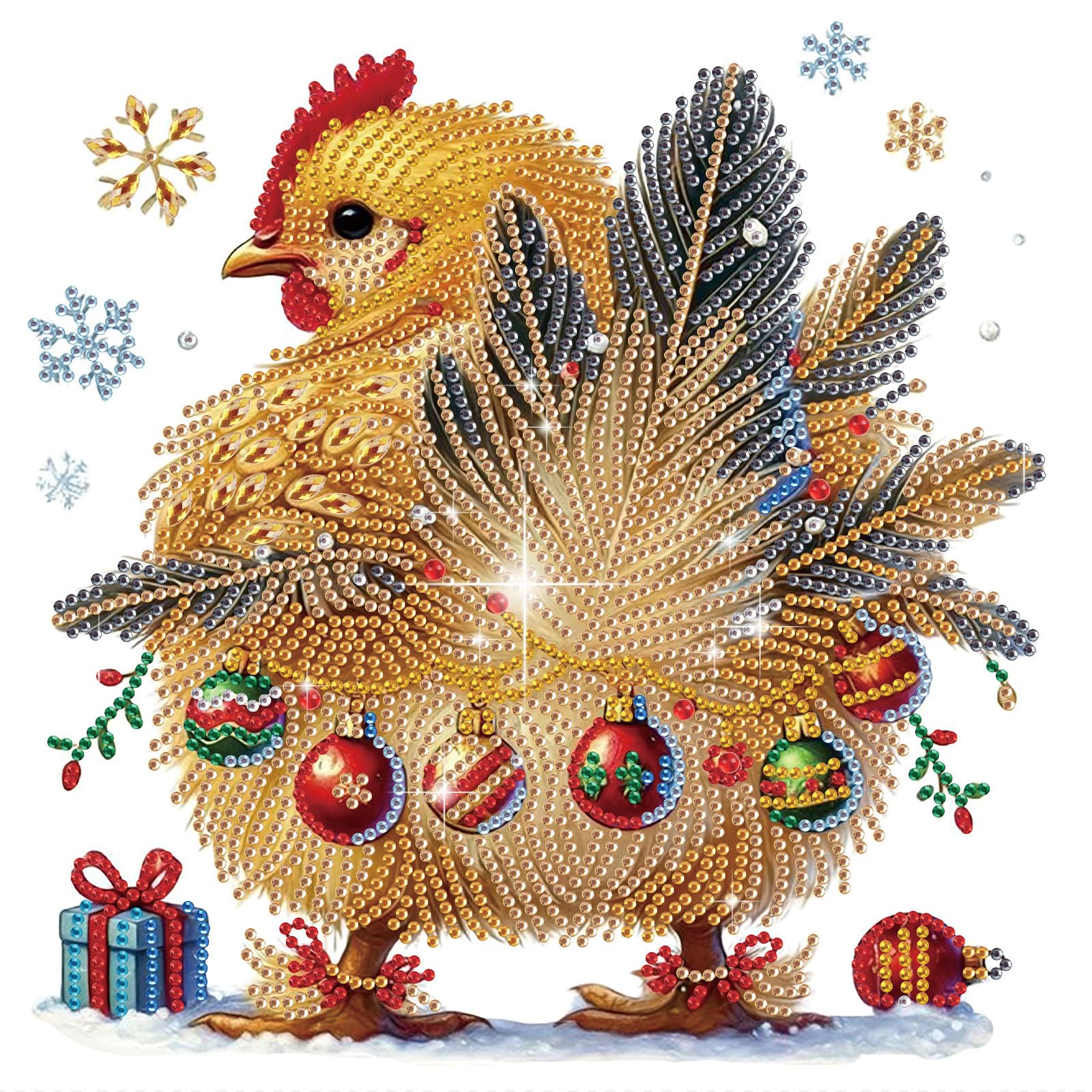 antor Christmas Diamond Painting Kit, 5D Special Shape Diamond Art for Adults, Decorated Rooster in Snow Crystal Rhinestones Dia