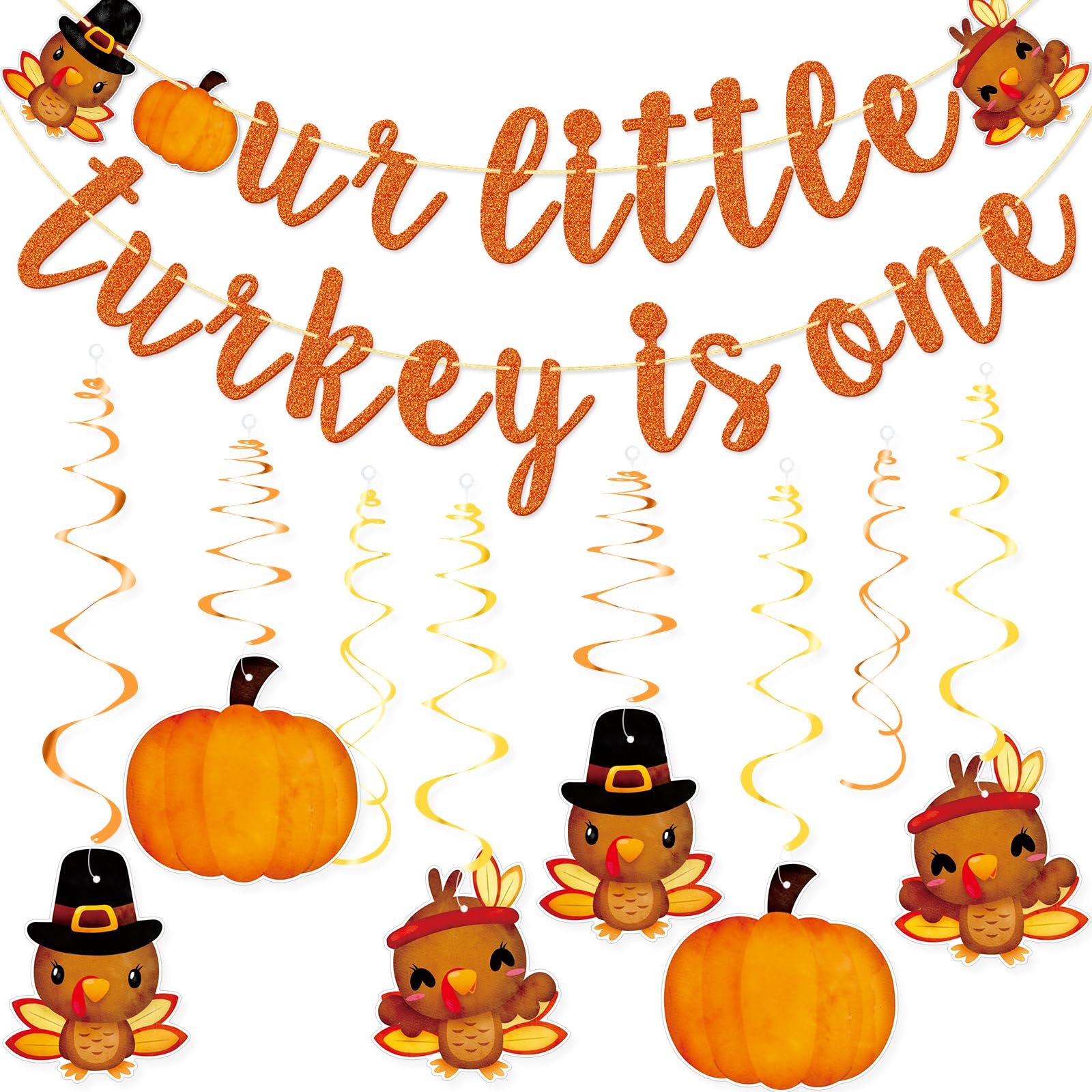 Qttier Our Little Turkey Is One Banner and Thanksgiving Hanging Swirls, Turkey 1st Birthday, Fall Birthday Decorations, Orange G