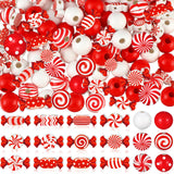 Misdary 200 Pcs Christmas Peppermint Candy Beads Red and White Peppermint Candy Shaped Round Christmas Wooden Beads for Crafts D