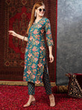Anni Designer Women'S Cotton Blend Straight Printed Kurta With Pant (Paresh Rama_L_Green_Large),Rama Green,L,,,