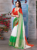Satrani Womens Printed Organza Saree (3193S281Na_White & Green & Orange)