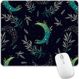 Black Moon Stars Mouse Pad Cute, Mystical Herb Square Computer Mousepads Washable Dark Boho Crescent Magic Nature Leaf Desk Mous