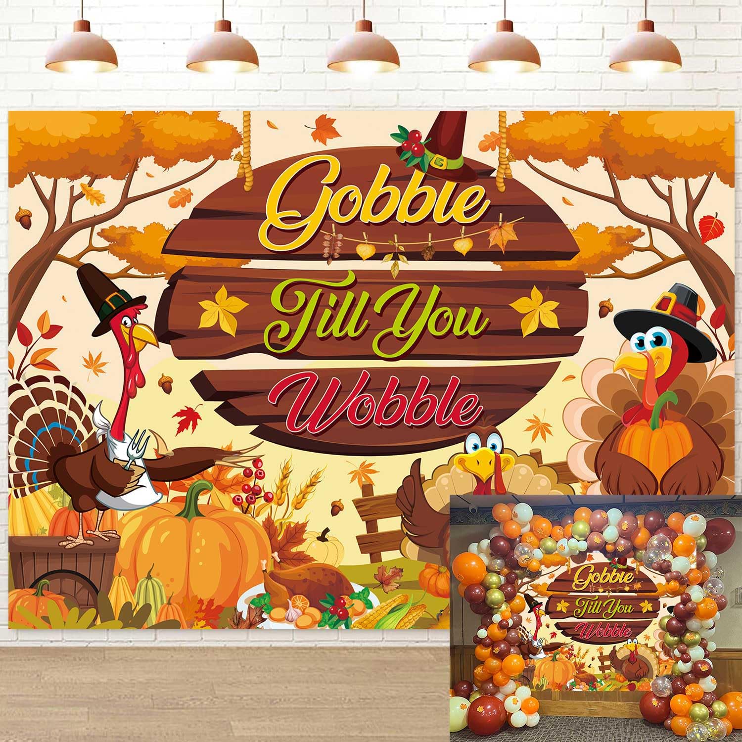 Gobble Till You Wobble Banner Backdrop 6x4FT Fall Maple Leaves Pumpkin Turkey Friendsgiving Photography Background Funny Rustic 