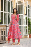 Gosriki Women'S Cotton Blend Anarkali Printed Kurta With Pant & Dupatta (Gym-Red-Bfv-Gs_M_Red_Medium),Red,,B0CPXTVKSF