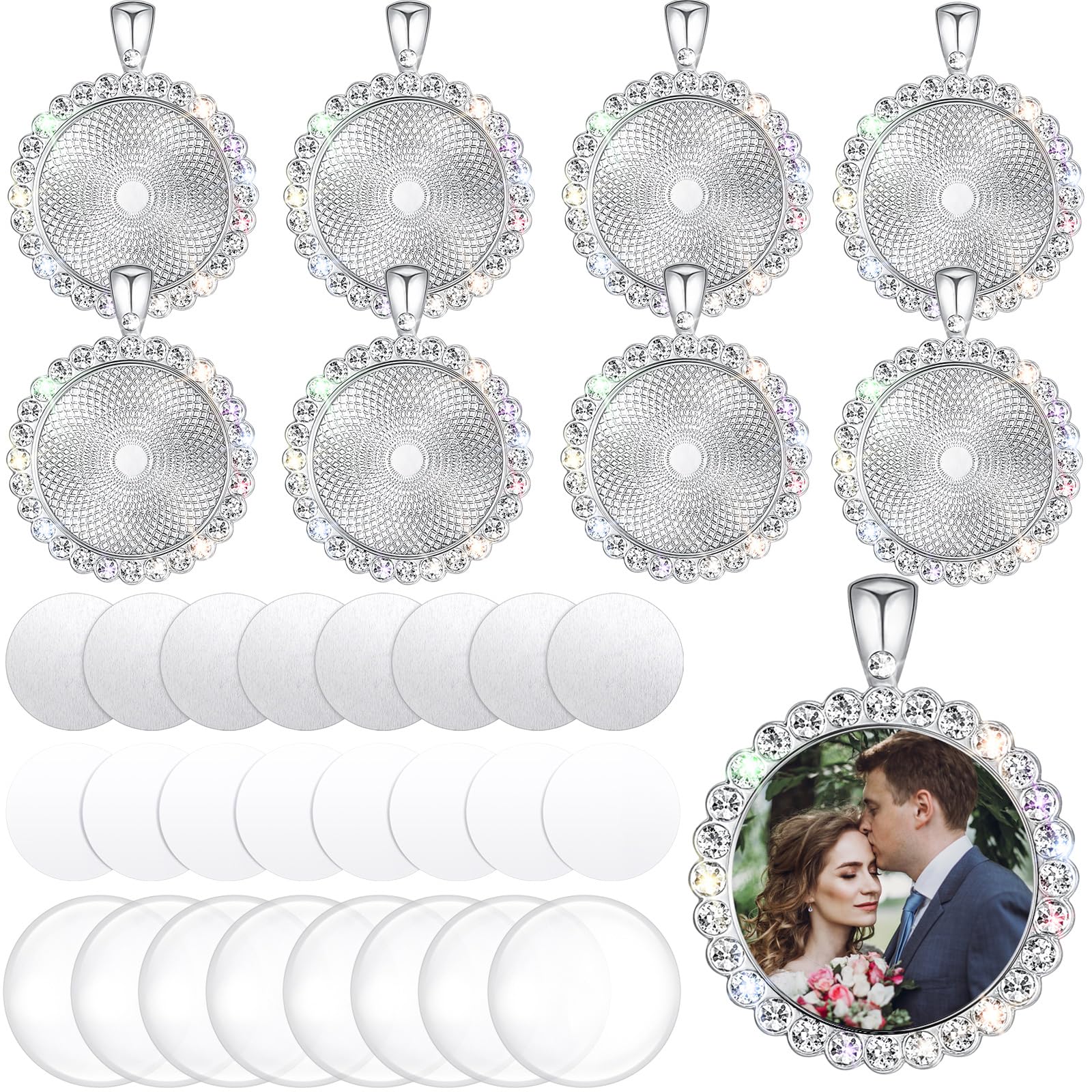 Hicarer 32 Pcs Sublimation Necklace Blank Round Rhinestone Bezel Pendant Trays Set with Glass Domes Sublimation Blank Discs Doub