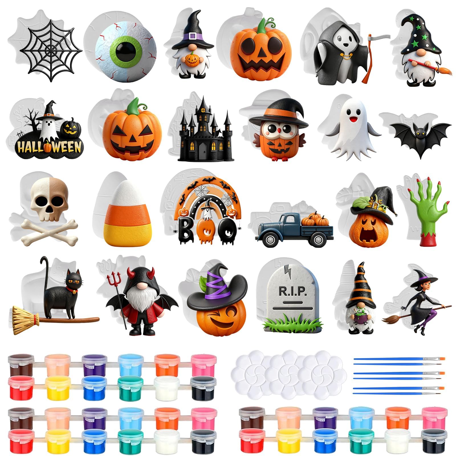24 Sets Halloween DIY Painting Kit with Unpainted Ceramic Halloween Painting Craft Bat Pumpkin Witch Ghost Black Cat Gnome Truck