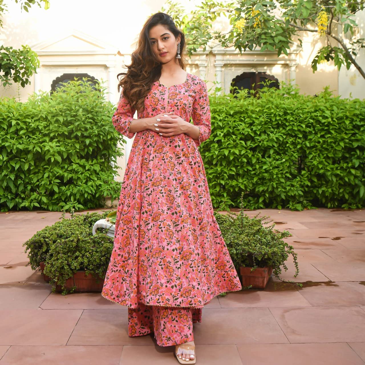 Gosriki Women'S Cotton Blend Printed Anarkali Kurta With Palazzo (Sunday-Multi_Xl-Go_Multicolor_X-Large),Multicolour,,B0B68SPQRJ