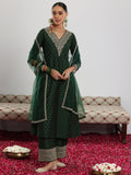 Libas Womens Woven Design Silk Blend A-Line Kurta With Trousers And Dupatta Green M
