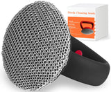 Cast Iron Scrubber Brush with Handle, Soldered Fine Chainmail Scrubber - Small Ring Round Chain Link Pan Pot Scrub, Metal Brush 