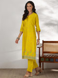 Libas Womens Embroidered Silk Blend Straight Kurta With Trousers And Dupatta Yellow L 49464
