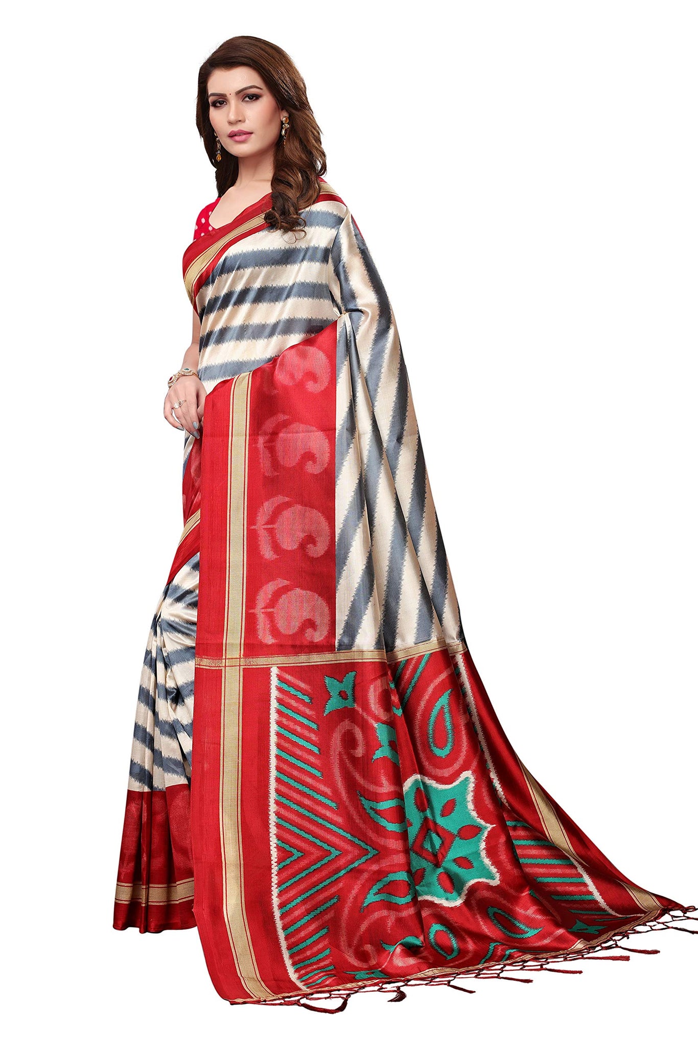 Gosriki Women'S Red Color Mysore Silk Printed Saree Border Tassels With Blouse Piece(Lucky-Red_Free Size),Red,,B07NHSRHMY