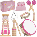 Stoies Wooden Music Set Pink Sensation, Montessori Musical Instruments for Toddlers 3-9 with Xylophone, Tambourine and Maracas, 