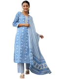 Libas Womens Printed Cotton Straight Kurta With Trousers And Dupatta