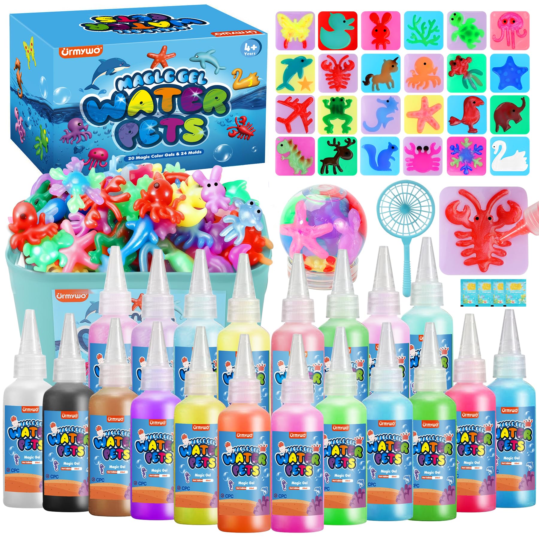 Magic Water Elf Toy Kit, Water Gel Kit Pets, 20 Gels & 24 Molds, Make Your Own Squishies Sensory Toys for Kids, DIY Craft Kits, 