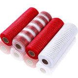 4 Rolls Metallic Foil Mesh Ribbon for Door Wreath DIY Crafts Making Supplies (Red White, 10 Inch)