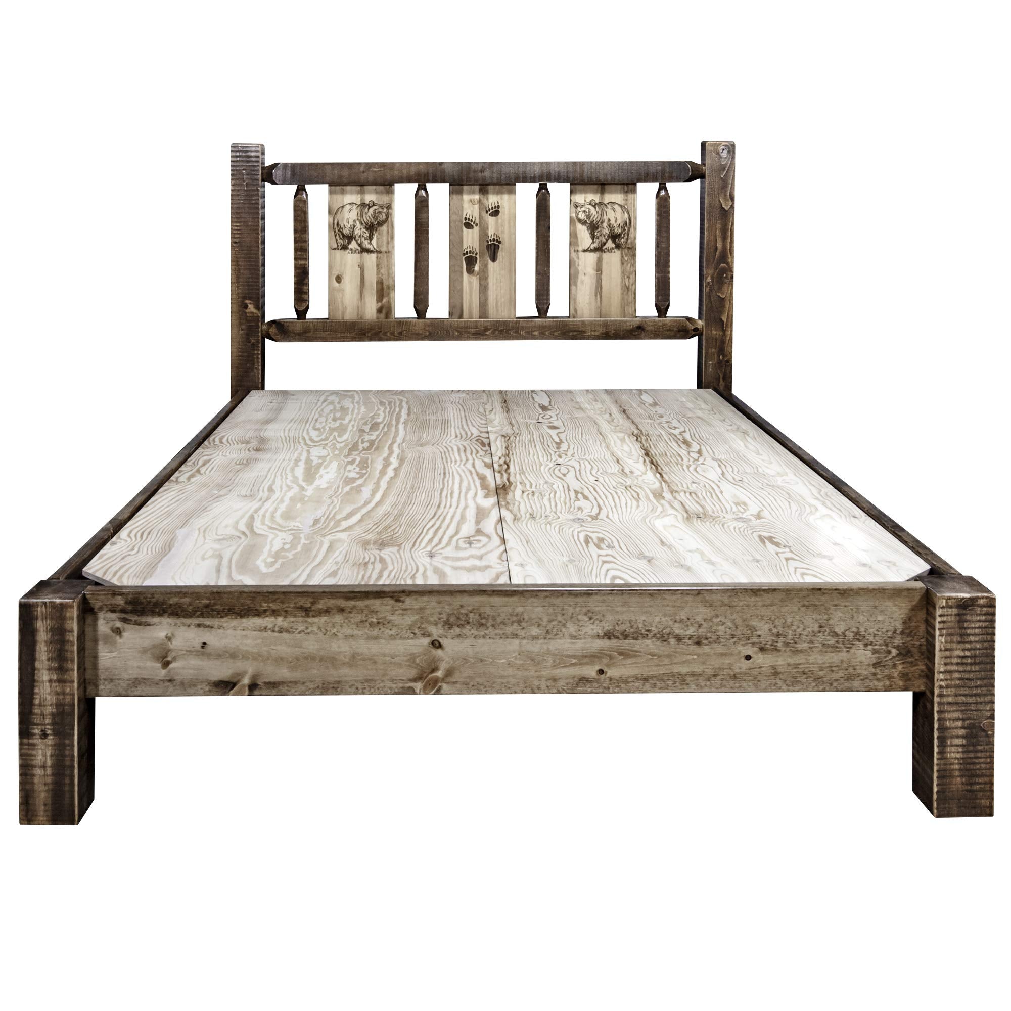Montana Woodworks Woodworks Homestead Collection Queen Platform Bed, Stain And Clear Lacquer Finish With Laser Engraved Bear Des