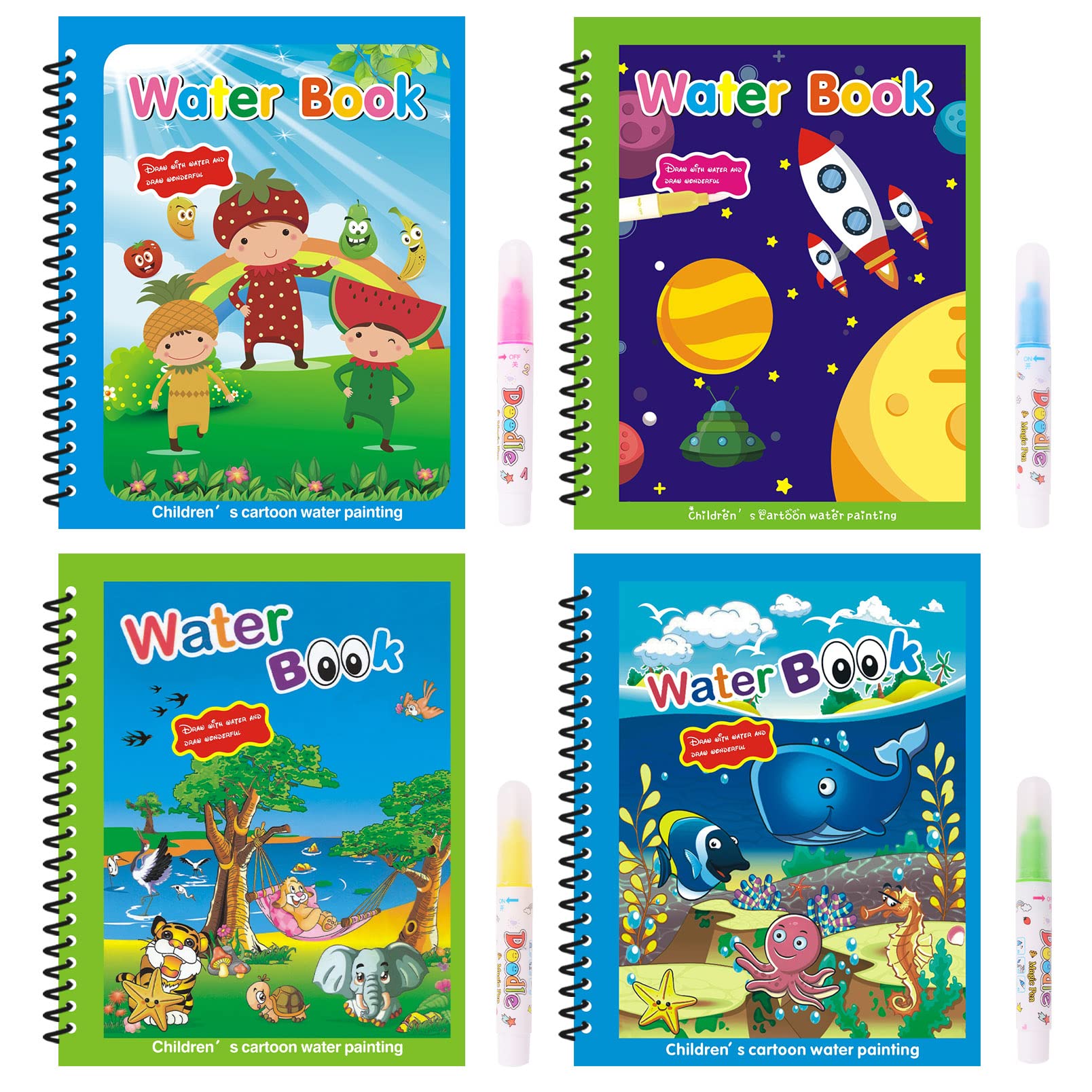 CGRAPnunu Water Coloring Book-4Packs- for Toddler2-4Years-Mess Free Coloring Book-Books for 3 Year Olds-Reusable Coloring Book -
