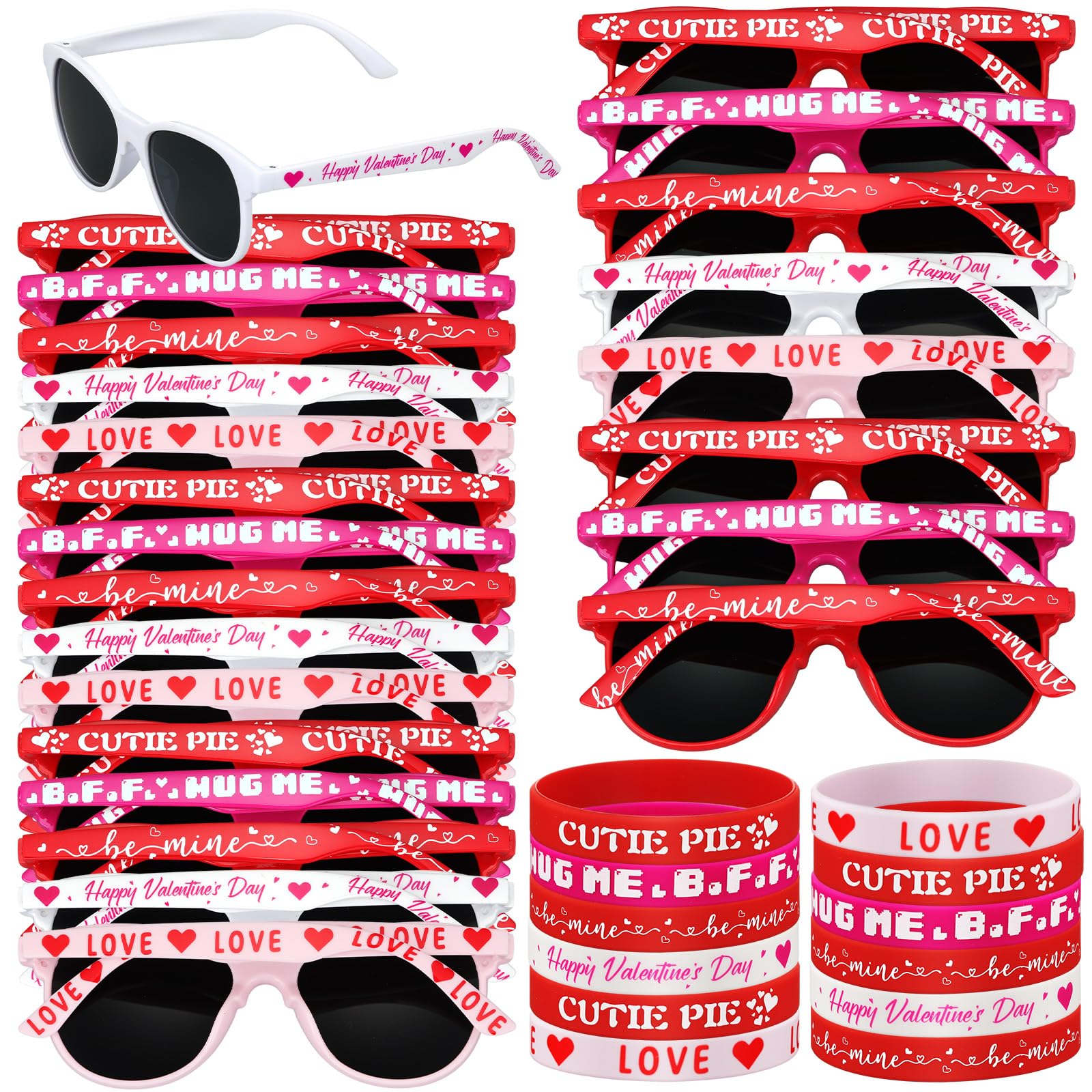 Soulchen 24 Pcs Valentines Day Gifts Bulk Pink and Red Sunglasses and Love Silicone Bracelet Galentines Day Party Favors Suppl